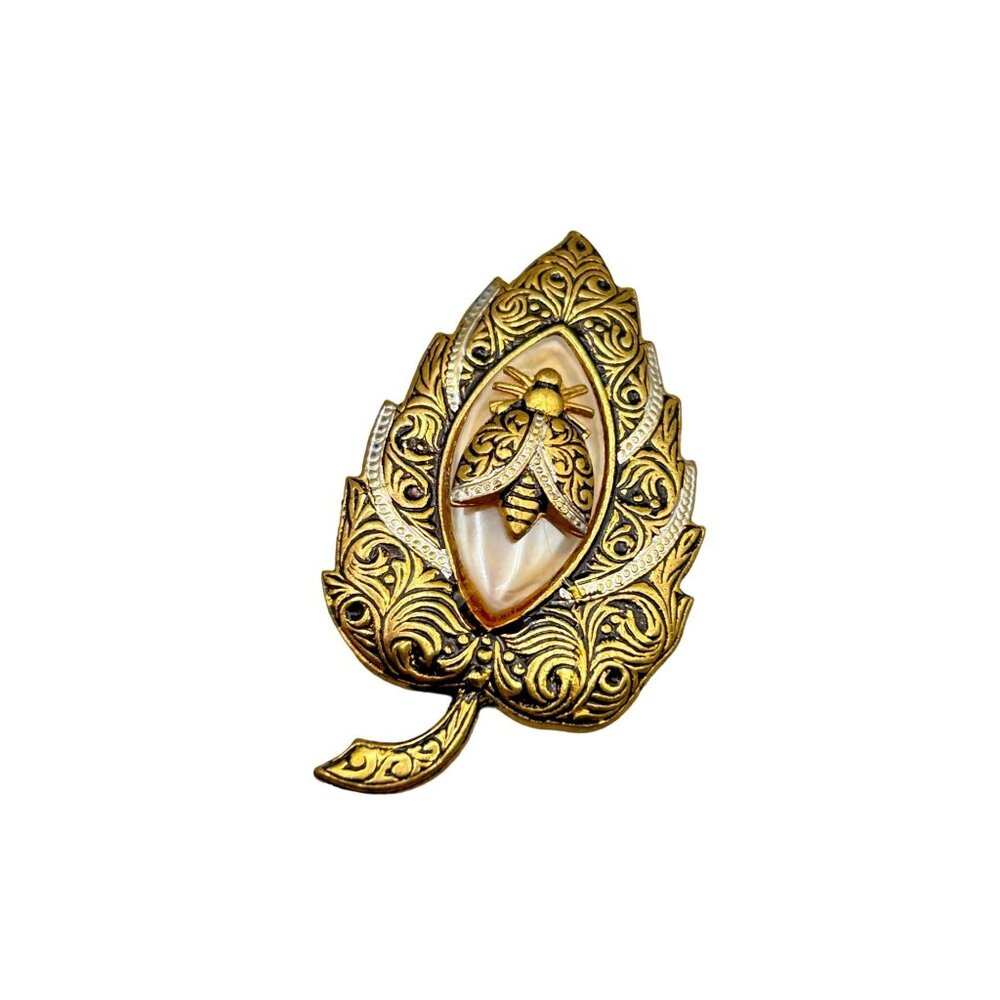 Vintage Spanish Toledo Ware Leaf Brooch Bug Intricate Details Damascene Style